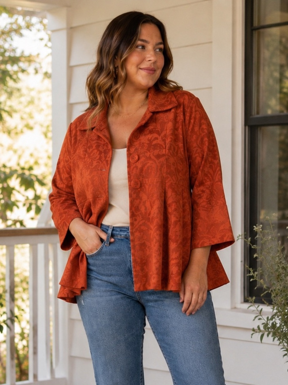 Requirements Burnt Orange Scroll Print Open Front Jacket Blazer XL Stretch